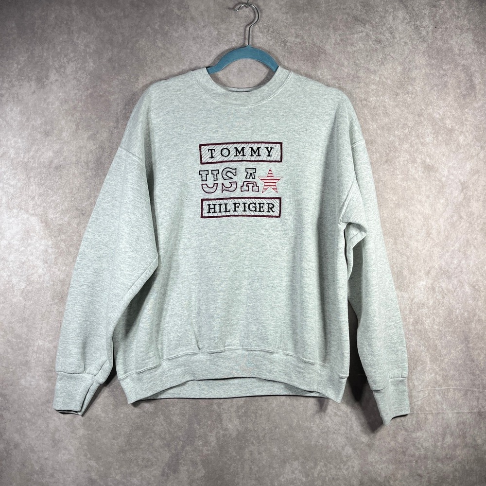 Vintage 90s Tommy Hilfiger Sweatshirt Mens Size Large Gray Fleece USA Crew Flag
